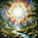 Representación simbólica de la creación del mundo desde una perspectiva cristiana, mostrando la separación de la luz y la oscuridad, y la formación de la tierra y el cielo según el Génesis.
