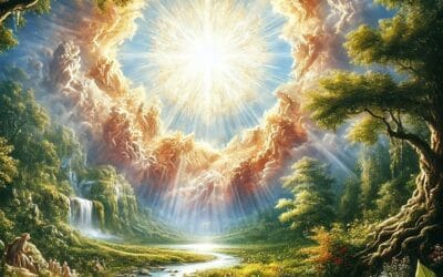 Representación simbólica de la creación del mundo desde una perspectiva cristiana, mostrando la separación de la luz y la oscuridad, y la formación de la tierra y el cielo según el Génesis.