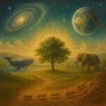 Representación simbólica de la inteligencia divina en la creación, con una ballena, un elefante, un árbol central y hormigas bajo el cielo estrellado